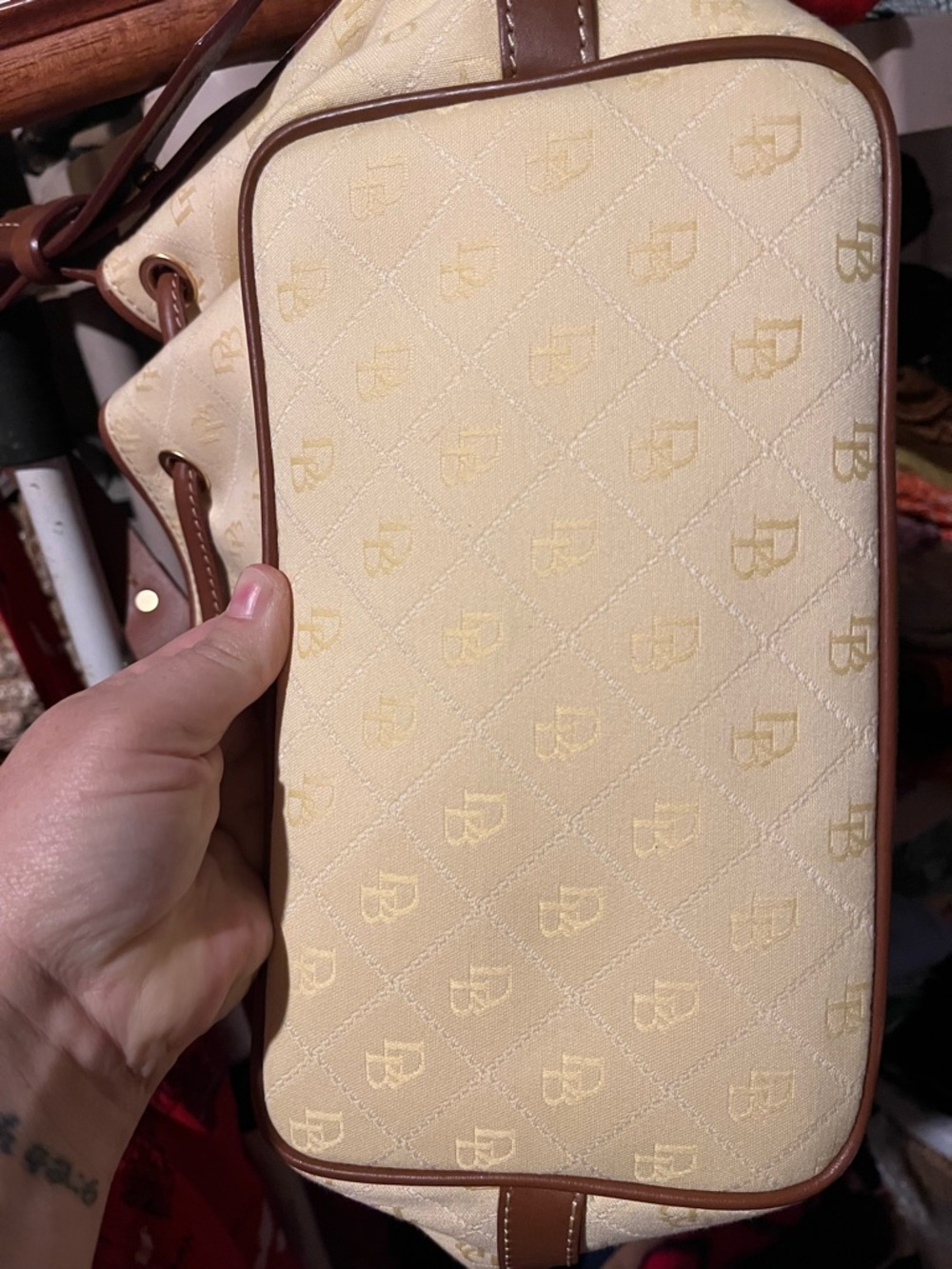 Dooney & Bourke Butter Yellow Canvas and Brown Leather Shoulder Bag - Picture 10 of 10